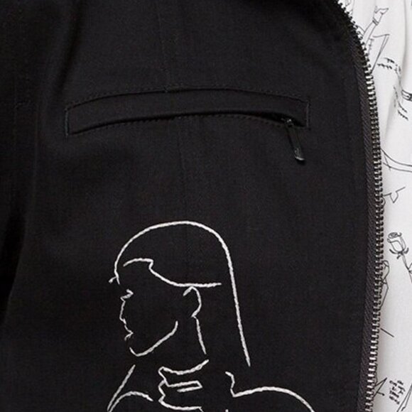 WHBM $150 35th Anniversary Embroidered Moto Jacket Denim Cotton 14 Black White - Picture 8 of 9